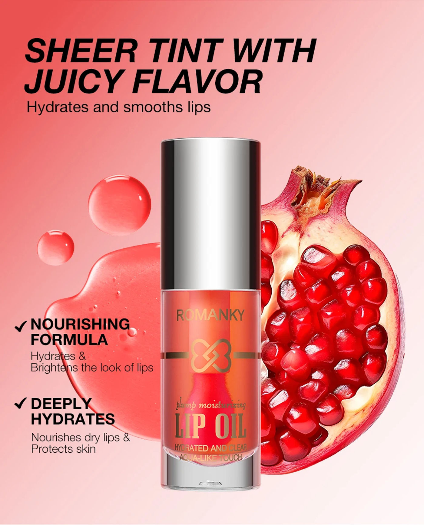Description Picture 4 of itemHydrating Lip Oil, Shiny Tinted Lip Gloss, Moisturizing Liquid Lip Balm, Non-Sticky, Assorted Colors, Make up for woman