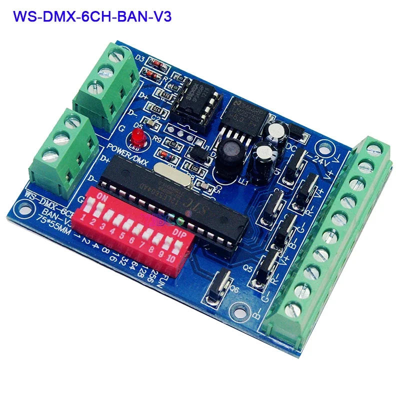 Description Picture 3 of itemWS-DMX-6CH-BAN-V3 RGB LED Strip Light Tape Module Dimmer 6CH DMX Controller Board 2 Groups 5V 12V 24V 6 Channels DMX512 Decoder