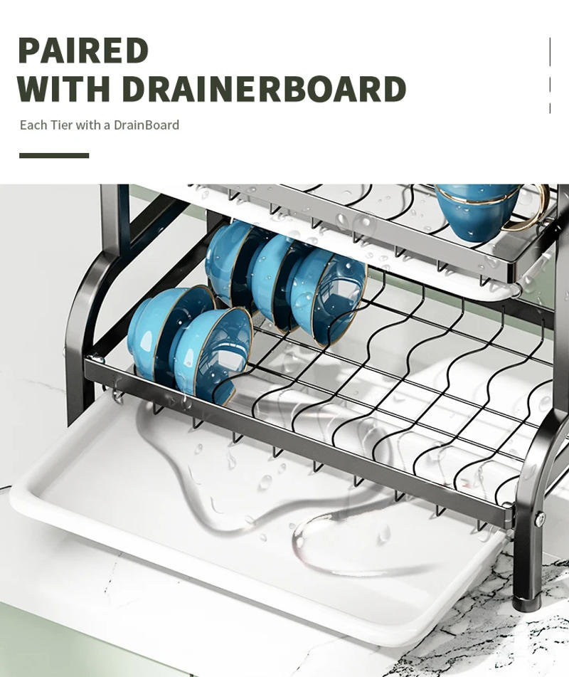 Description Picture 6 of item2-Tier Dish Drying Rack with 2 Drainboards Large Capacity Metal Kitchen Organizer with Utensil Holder Countertop Rack for Sink