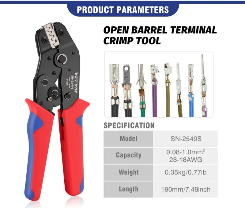 Description Picture 4 of itemSN-2549S Crimping Tools For PH2.0/XH2.54/2.8/3.0/3.96/KF2510/JST Terminal 0.08-1.0mm²/AWG28-18 Wire Ratcheting Pliers