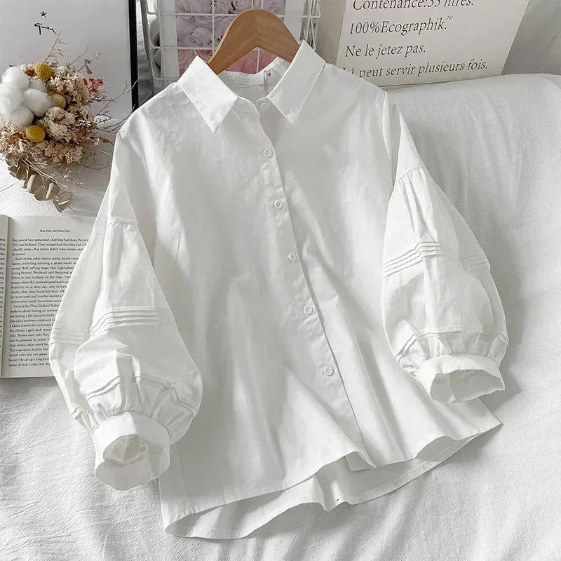 Description Picture 3 of item2024 Puff Sleeve Shirts Women White Turn Down Collar Preppy Sense of Design Chic Female Tops Korean Fashion Simple Summer Blouse