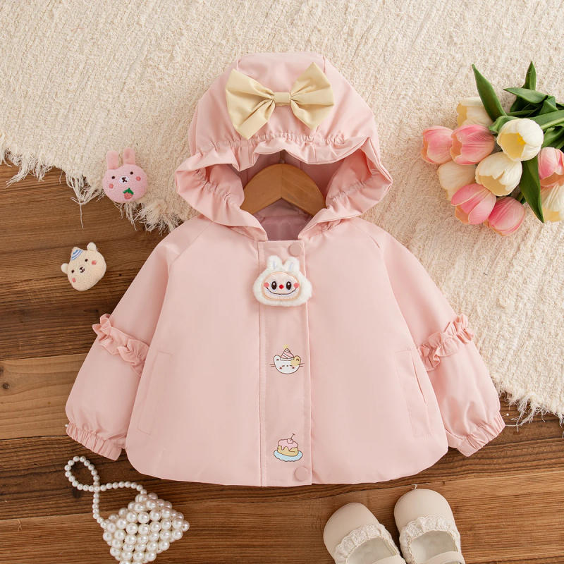 Description Picture 4 of itemBaby Girl Coat Spring And Autumn Solid Color Bow Hooded Baby Girl Top Cartoon Windproof And Warm Girl Jacket Baby Clothing