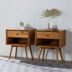 Mid-Century Modern 2-Piece 1-Drawer Solid Wood Nightstand Set 2 Pack Solid pine wood for a sturdy frame Caramel