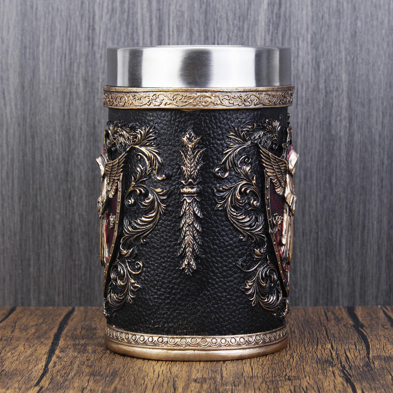 Description Picture 3 of itemImitation Bronze Mug Tankard Stainless Steel Resin Medieval Retro Wing Sword Shield Death Grim Reaper Leather Beer Stein 600ml