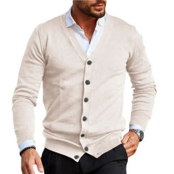 Mens Solid Color Knitted Cardigan Coat Spring Autumn V-neck Long Sleeve Slim Button Up Sweater Jumper with Pockets Men's Tops