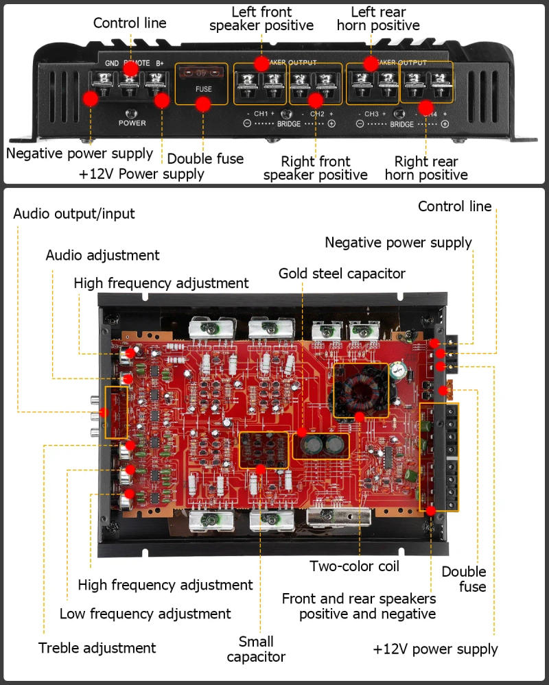 Description Picture 6 of item4-Channel 12V Sound Power Amplifier Class A/B Digital Stereo Surround Passive Subwoofer Audio Amplifier s For Home Car Max 7900W