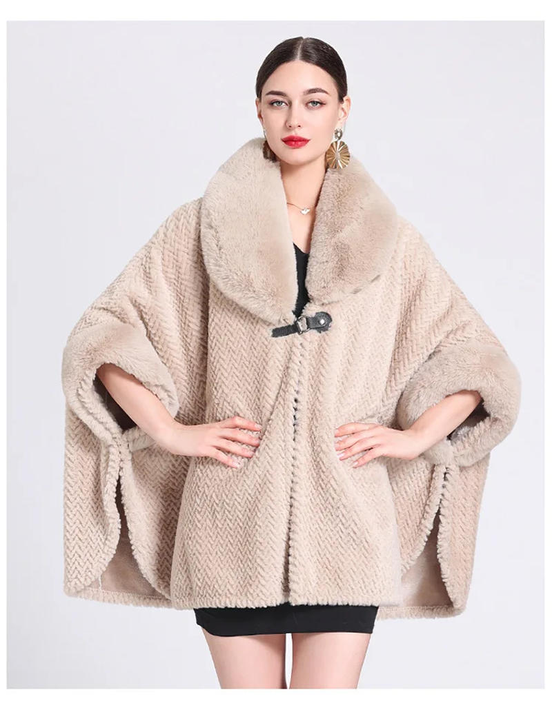Description Picture 5 of itemWinter Women Loose Poncho Cape Thicken Velvet Warm Batwing Sleeves Long Cloak Semicircle Faux Fur Neck Outstreet Wear Overcoat