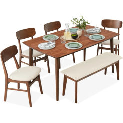 6-piece wooden dining table set, mid-century modern dining table and fabric chair set with bench seating