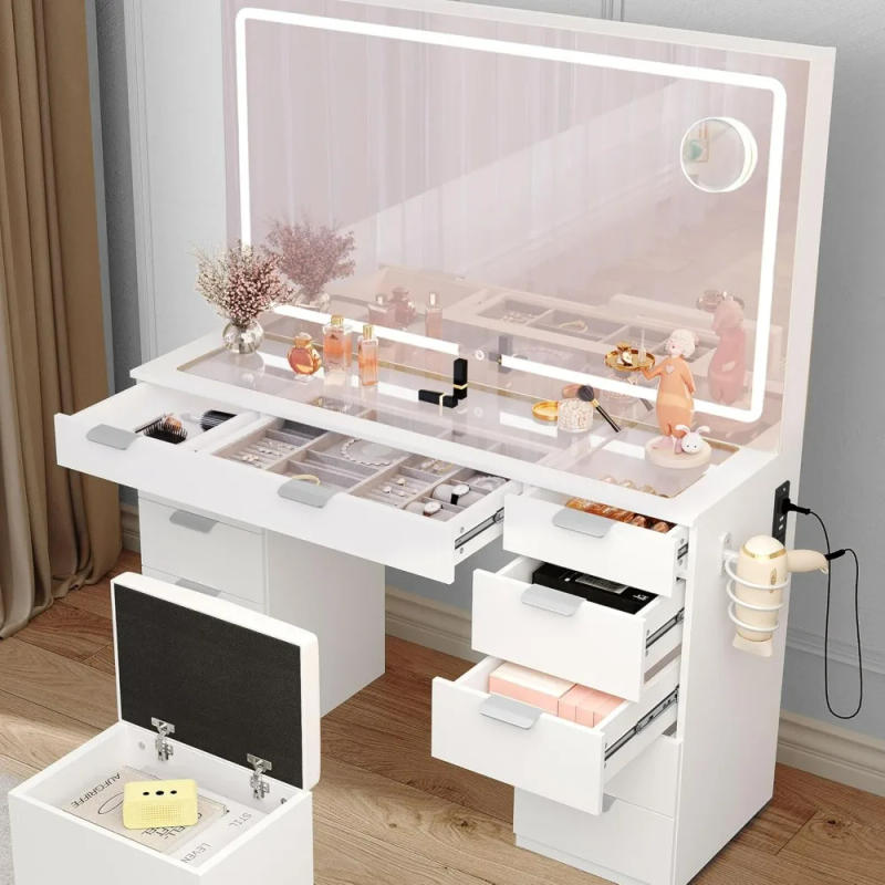 Description Picture 3 of itemMakeup Vanity Desk Set ，with Mirror, Glass Tabletop, 11 Drawers, Power Strip, Hair Dryer Rack, and Storage Stool for Bedroom