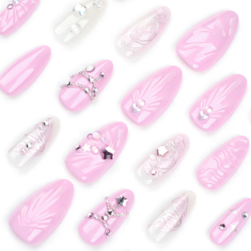 Description Picture 4 of item24pcs Sweet pink star Fake Nails 3D Ocean Shell Wearing False Nail Tips Butterfly Sparkling Diamond Ins Korean Press on Nails