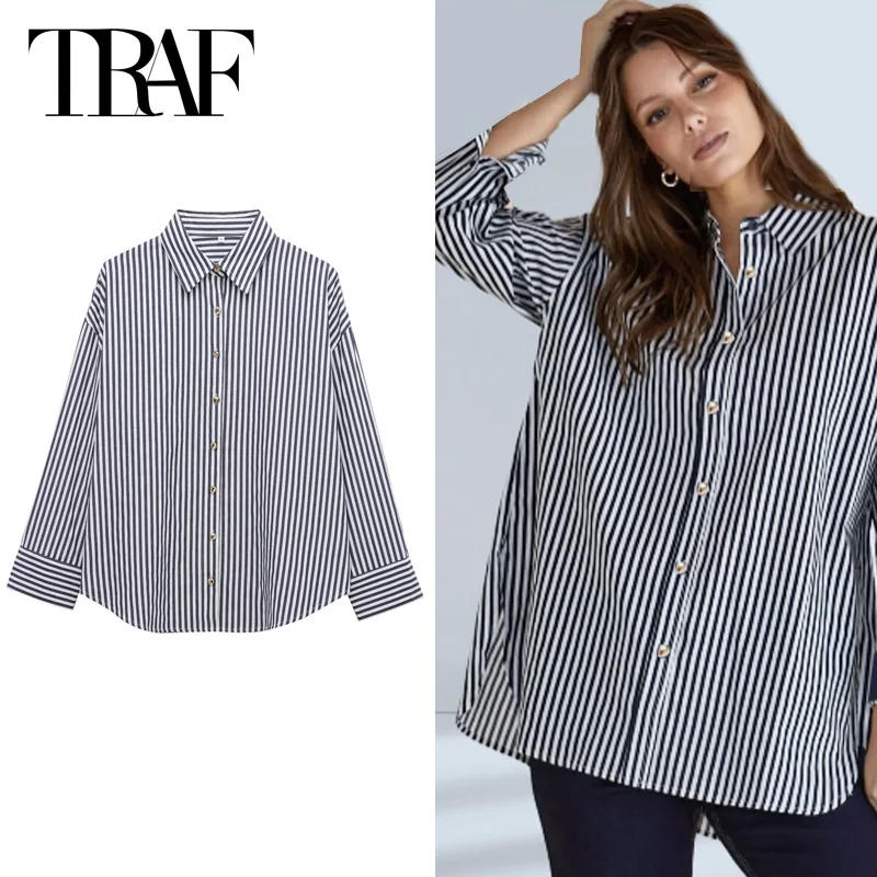 Description Picture 4 of itemTRAF Woman 2025 Striped Shirt Spring Women's Blouse Button Up Long Sleeve Blouse Shirts & Blouses Plus Size Korean Style Blouses