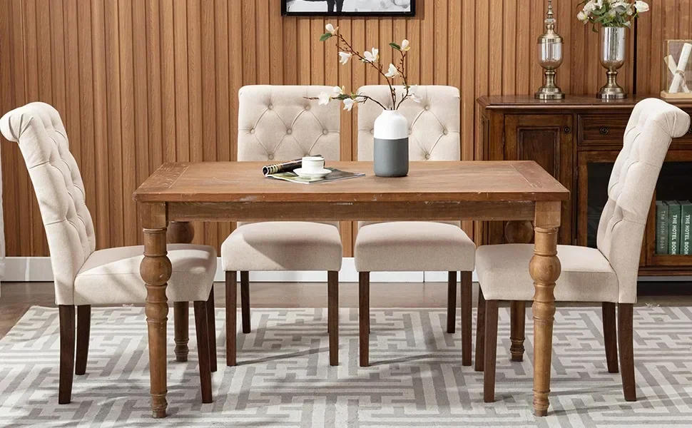 Description Picture 3 of itemButton Tufted Dining Chairs Set of 6, Diner Chair Upholstered Fabric Chairs w/ Solid Wood Legs & Padded Seat - Dark Beige