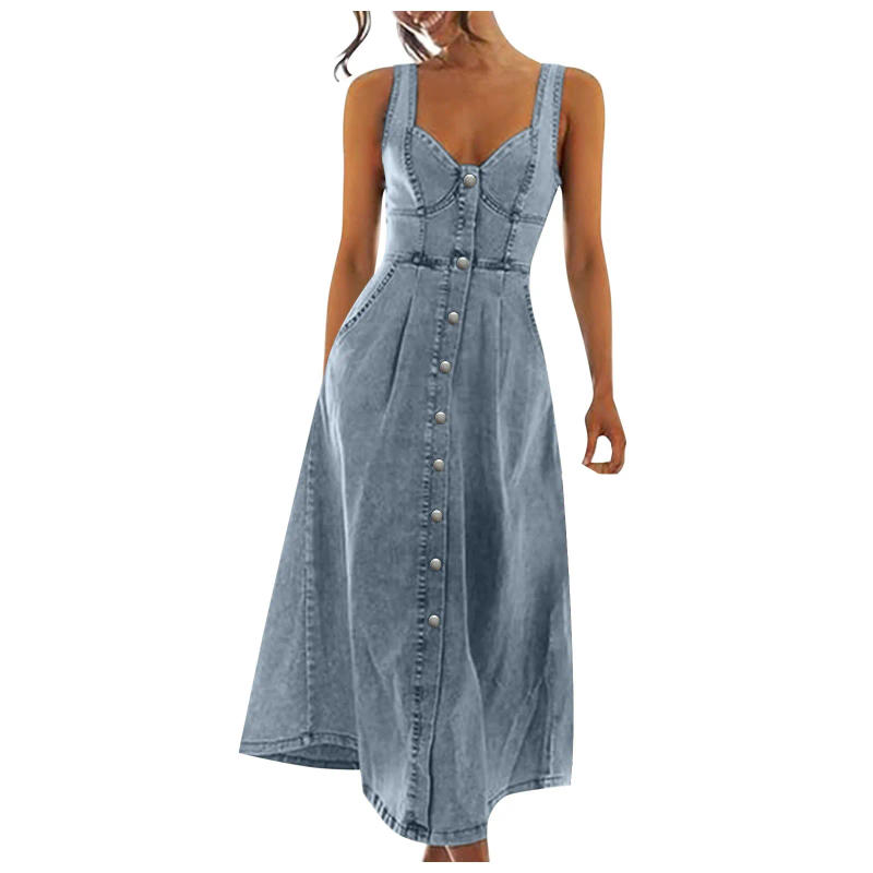Description Picture 3 of item2024 Jeans Dress Women'S Vintage Denim Dresses Sexy Sleeveless Button Designswing Big Hem Vestidos Women Plus Size Clothes