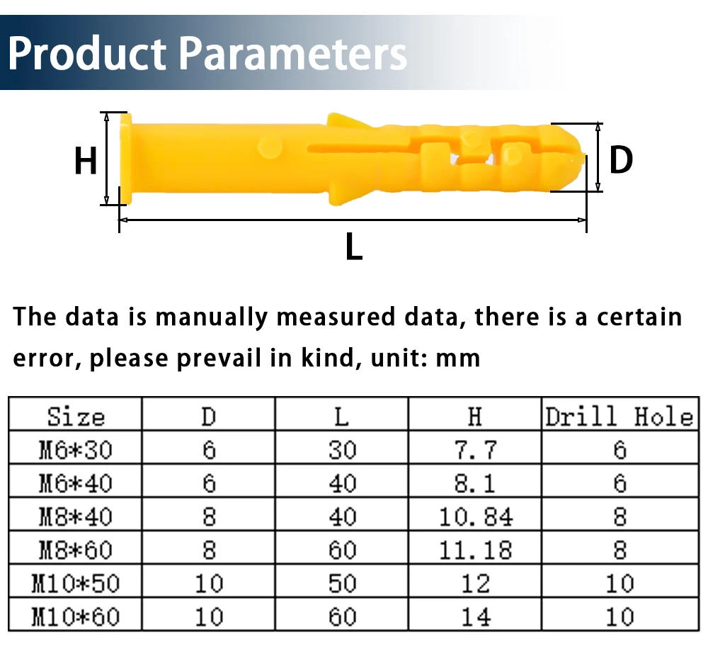 Description Picture 3 of itemM6 M8 M10 Yellow Plastic Expansion Pipe Column Concrete Wall Plug Frame Fixing Tube Anchors for to the Fixed on Drywall 20pieces