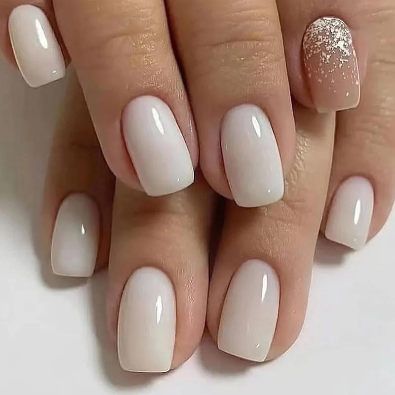 Description Picture 6 of item24Pcs Simple False Nails with Glue Short Almond Fake Nails Glitter Aurora Round Head Full Cover Nail Tips Oval Press on Nails