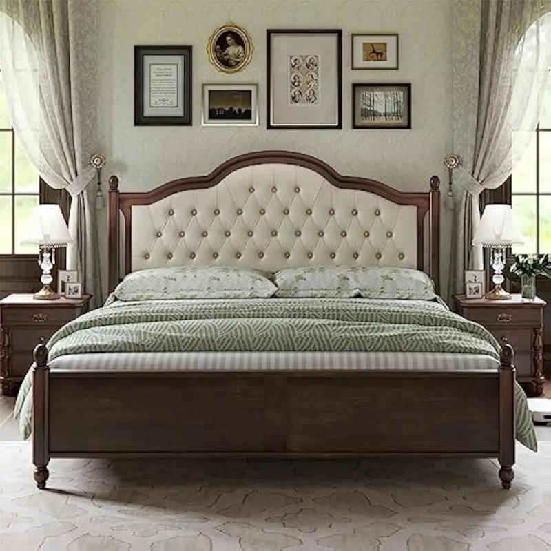 Description Picture 2 of itemQueen Solid Wood Bed Frame with 52.5" Upholstered Tufted Headboard, Roman Column Accents No Box Spring Needed, Queen Bed Frame