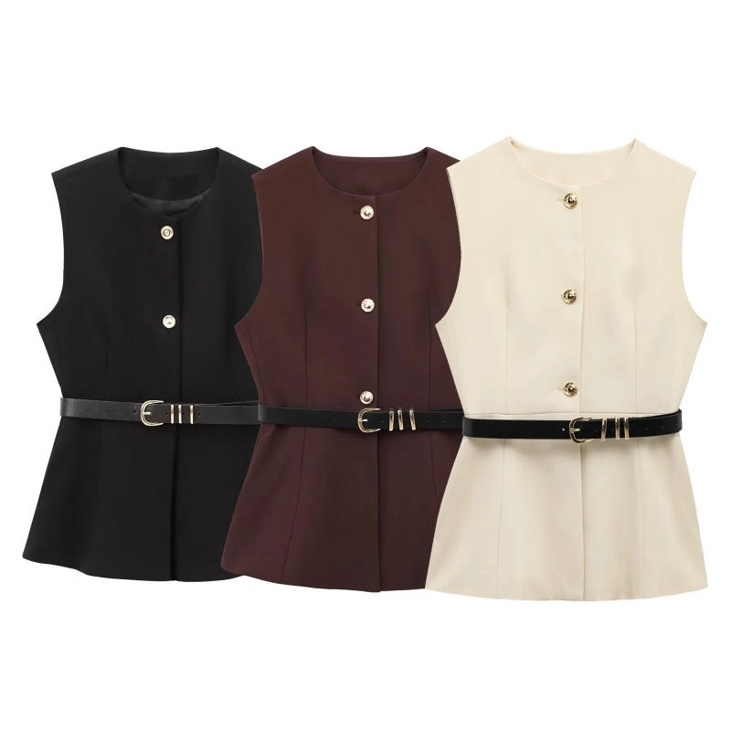 Description Picture 4 of itemPB&ZA Women's Sleeveless Round - neck Button - front Blouse with Belted Waist for a Chic and Stylish Appearance