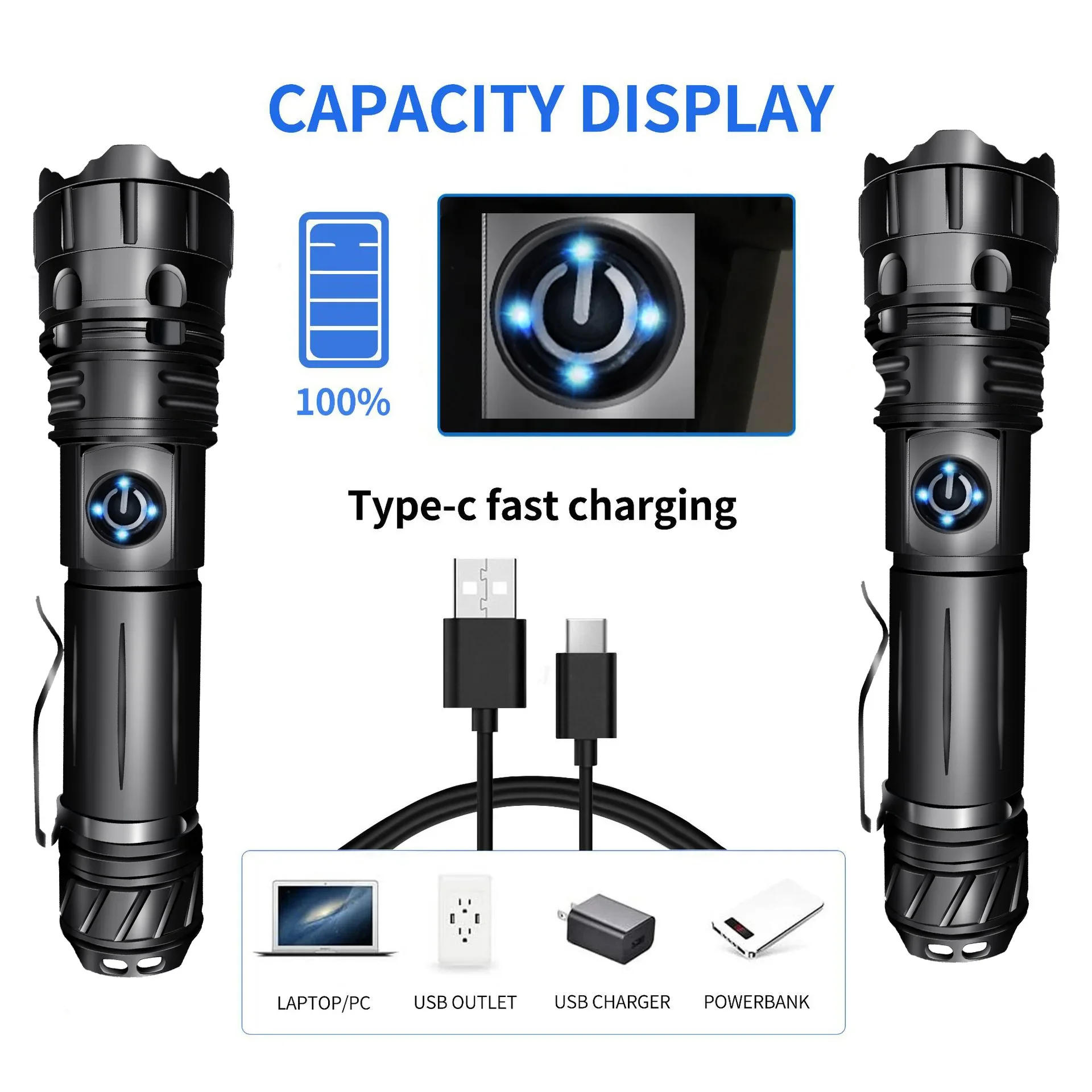 Description Picture 6 of itemHigh Power Strong White Laser LED Flashlight USB Charging 26650 Battery Outdoor Telescopic Aluminum Alloy Zoom Camping Lantern