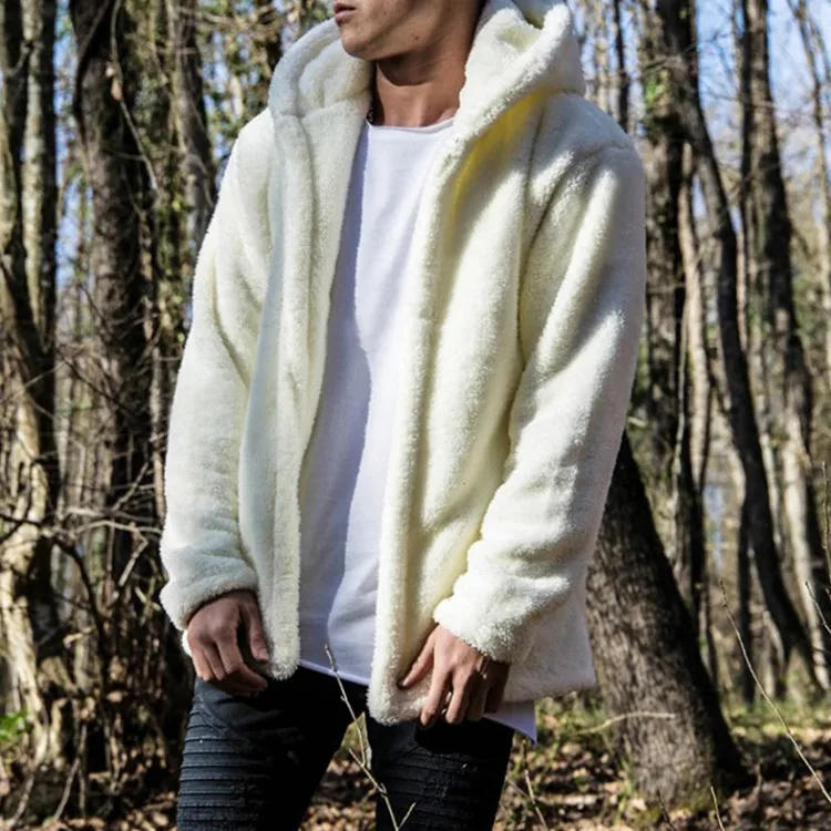Description Picture 6 of itemAutumn Mens Warm Hooded Fluffy Fleece Jacket Large Size Long Sleeve Thick Windbreaker Fashion Loose Parka Men White Plush Coat