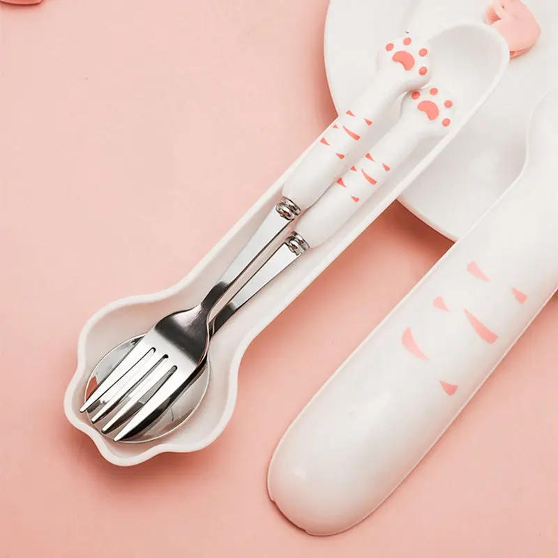 Description Picture 6 of itemStainless Steel Spoon and Fork Set with Storage Box Portable Tableware Cute Cat Paw Shaped Dinnerware Kit for Adults Kids School