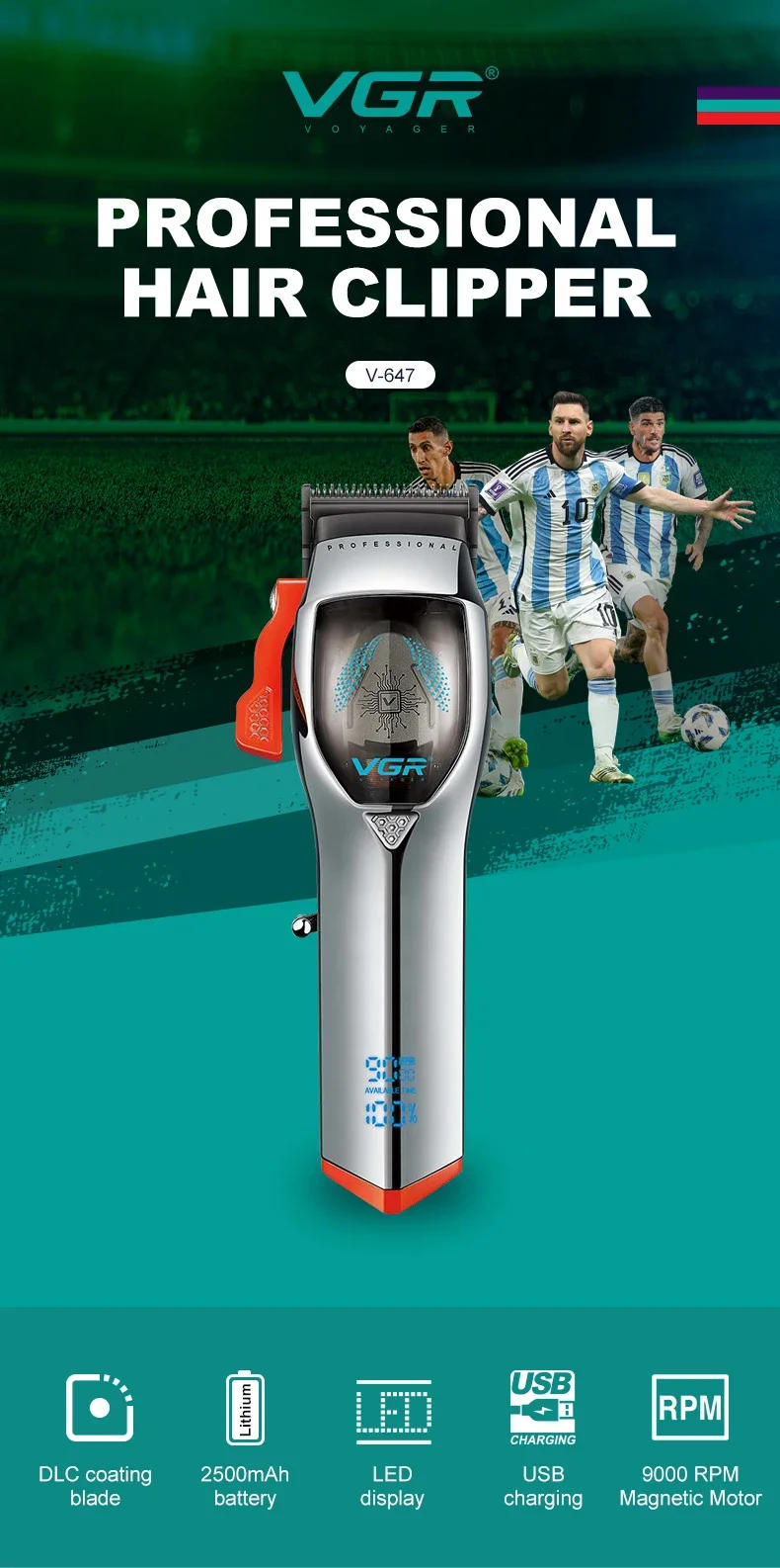 Description Picture 2 of itemVGR Hair Trimmer Electric Hair Clipper Barber Professional Hair Cutting Machine 9000 RPM Haircut Cordless Trimmer for Men V-647
