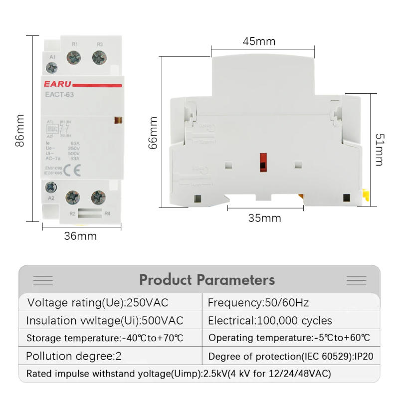 Description Picture 5 of item2P 32A 40A 63A 2NO 2NC 1NO1NC Modular Contactor Switch Controller DIN Rail Mounting 24V AC 220V 230V 110V 50/60Hz Automatic