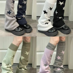 Kawaii Knit Leg Warmers for Women Casual Star Print Two Side Wear Goth Knee High Socks Boot Cuffs Winter Warm