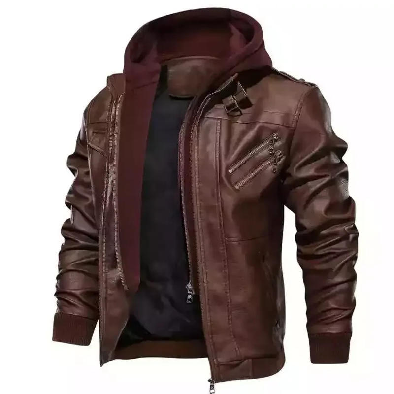 Description Picture 3 of item2023 Winter Casual Hooded Zipper Youth Black Standing Collar Men's Leather Coat