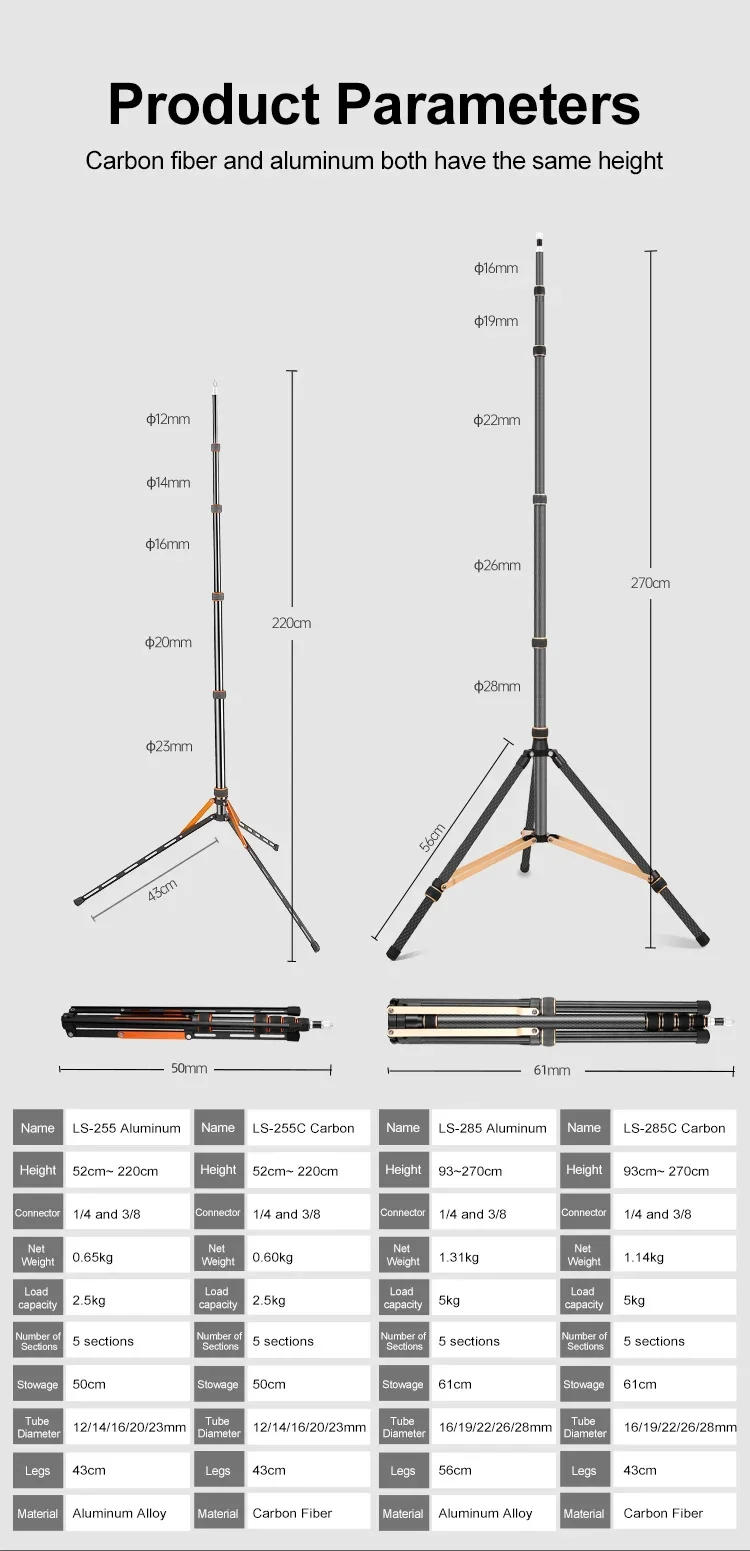 Description Picture 3 of itemSoonpho Tripod LS255C LS285C 200cm 270cm Carbon Fiber /Aluminum Light Stand For Photography Studio Softbox Godox Light Flash