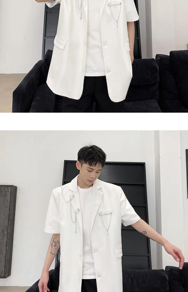 Description Picture 3 of itemLUZHEN Metal Chain Splicing Design Short Sleeve Blazer Coat Men's Original Personality High Street Stylish Male Outwear LZ3764