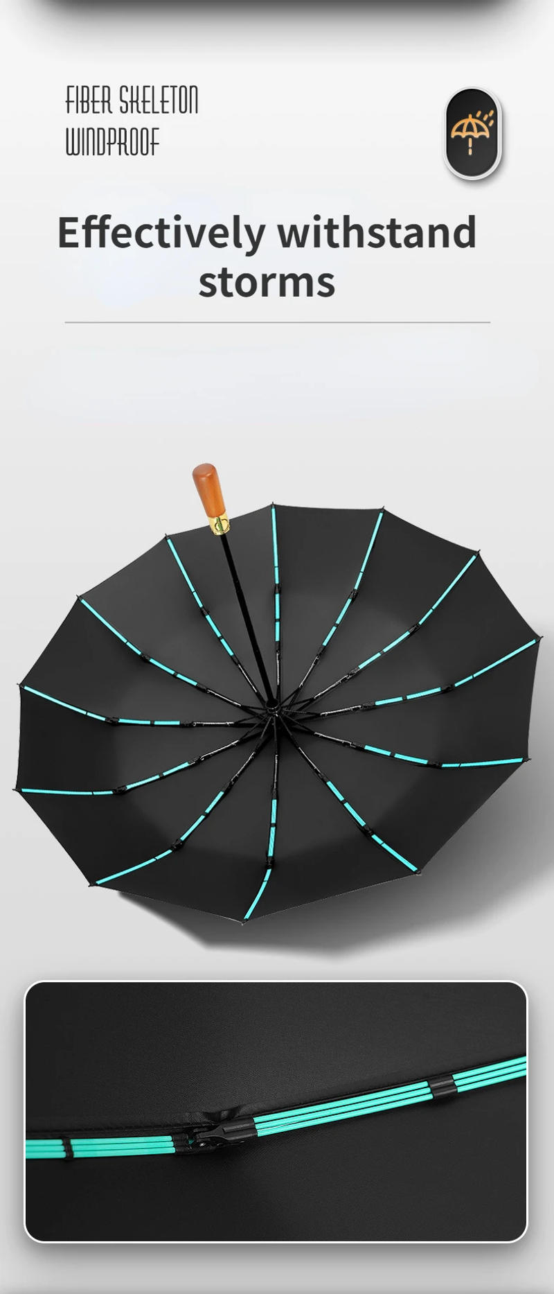 Description Picture 6 of item72 Bones Fully Automatic Umbrella for Men's Large Foldable Black High-end Business Wooden Handle Umbrella