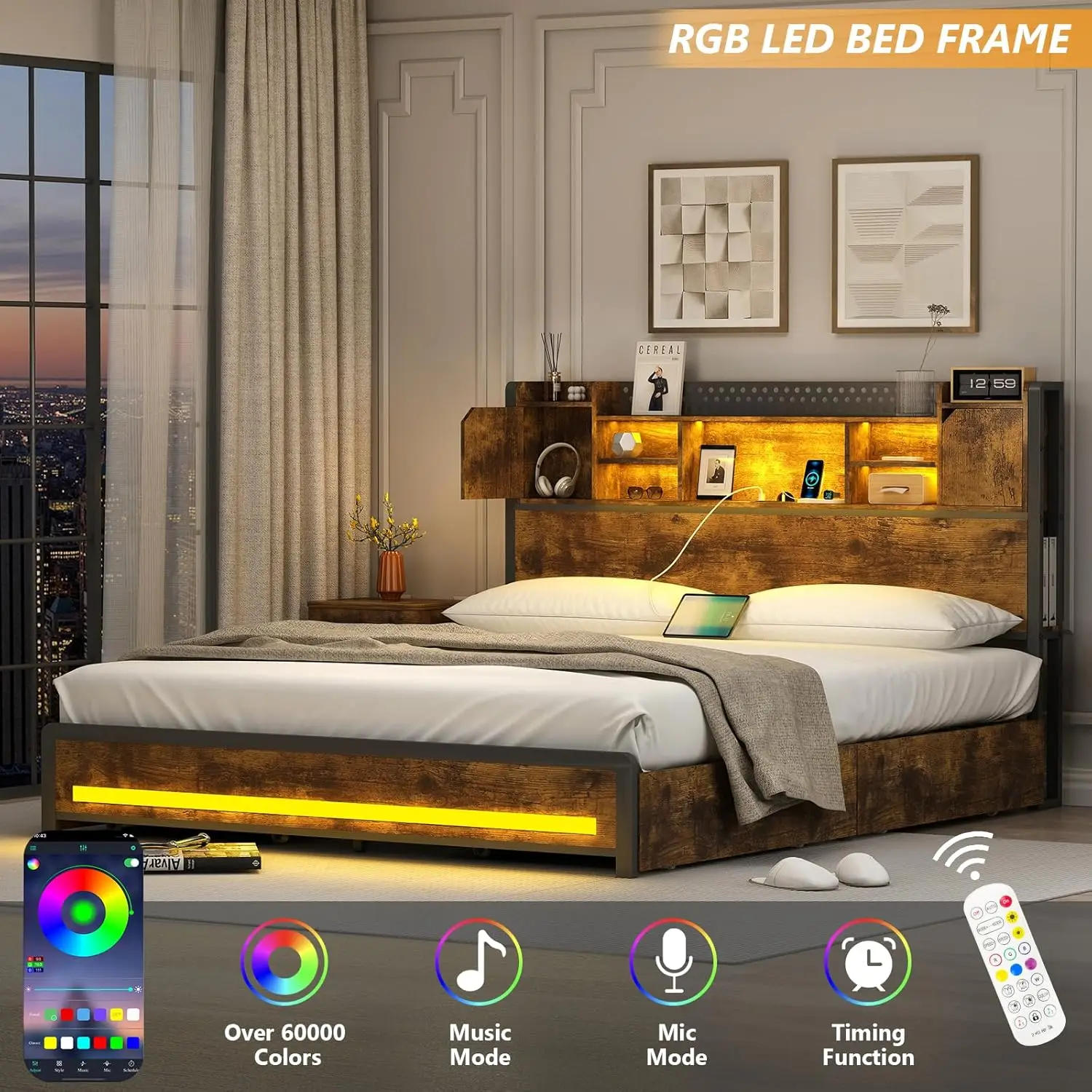 Description Picture 5 of itemQueen Bed Frame with Storage Drawers and Bookcase Headboard, LED Bed Frame Queen Size with Type-C & USB Ports