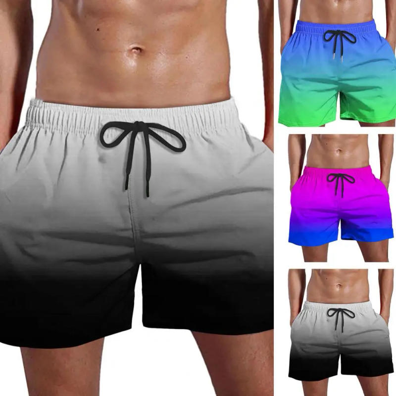 Description Picture 2 of itemMen Beach Shorts Quick-dry Gradient Color Beach Shorts with Elastic Waist Pockets for Men Wide Leg Fitness Shorts for Streetwear