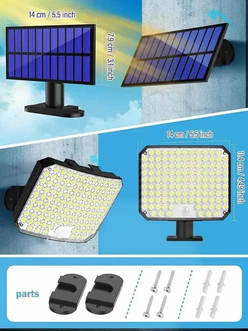 Description Picture 3 of item118LED Outdoor Solar Light 3 Mode Street lamp with Motion Sensor Remote Control IP65 Waterproof Patio Garage Backyard Wall Light