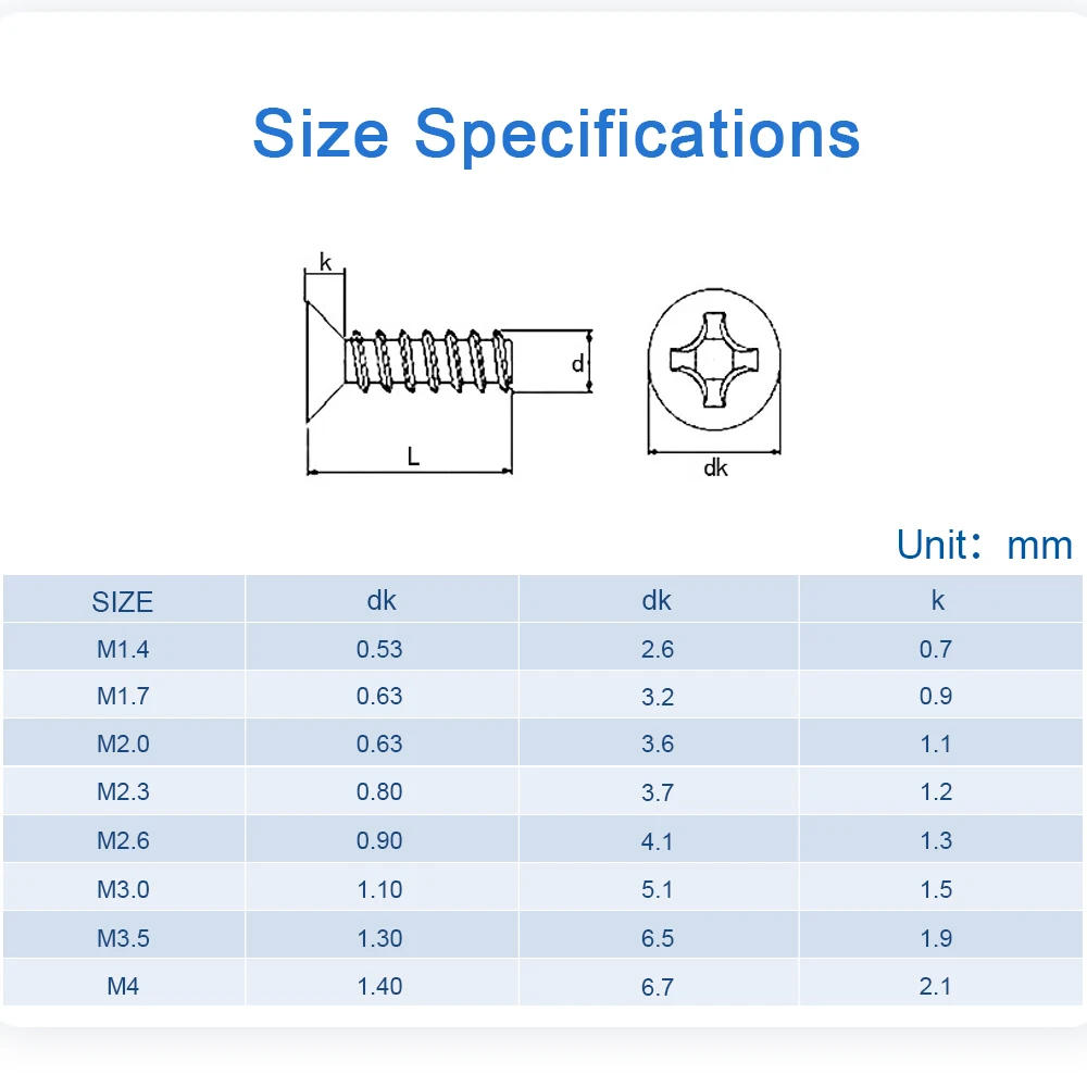 Description Picture 2 of item50~500pcs 304 Stainless Steel Cross Recessed Countersunk Head Flat Tail Self-tapping Screw M1 M1.2 M1.4 M1.7 M2 M2.2 M2.5 M3 M4