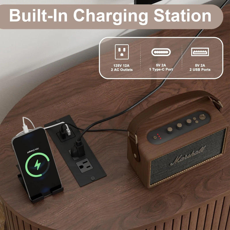 Description Picture 5 of itemUS 69" Mid Century Modern TV Stand with Charging Station, Farmhouse Curved Round Edge TV and Media Console Table with