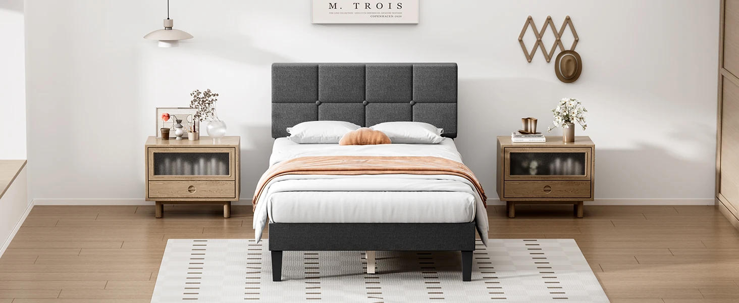 Description Picture 2 of itemBed Frame with Headboard, No Box Spring Needed, Linen Upholstered Platform Bed Frame with Wood Slats Support