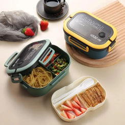 Double-layer Lunch Box with Handle Ellipse Portable Compartment Fruit Food Box Microwave Lunch Box with Fork and Spoon Fresh Box