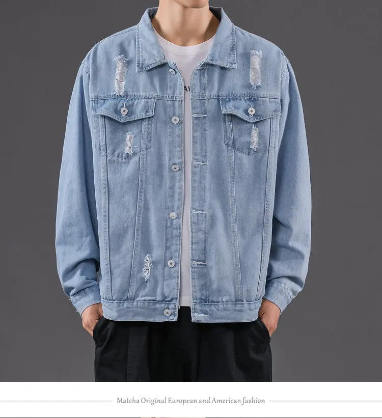 Description Picture 3 of itemNew solid color men's denim jacket men's fashion ripped denim jacket men