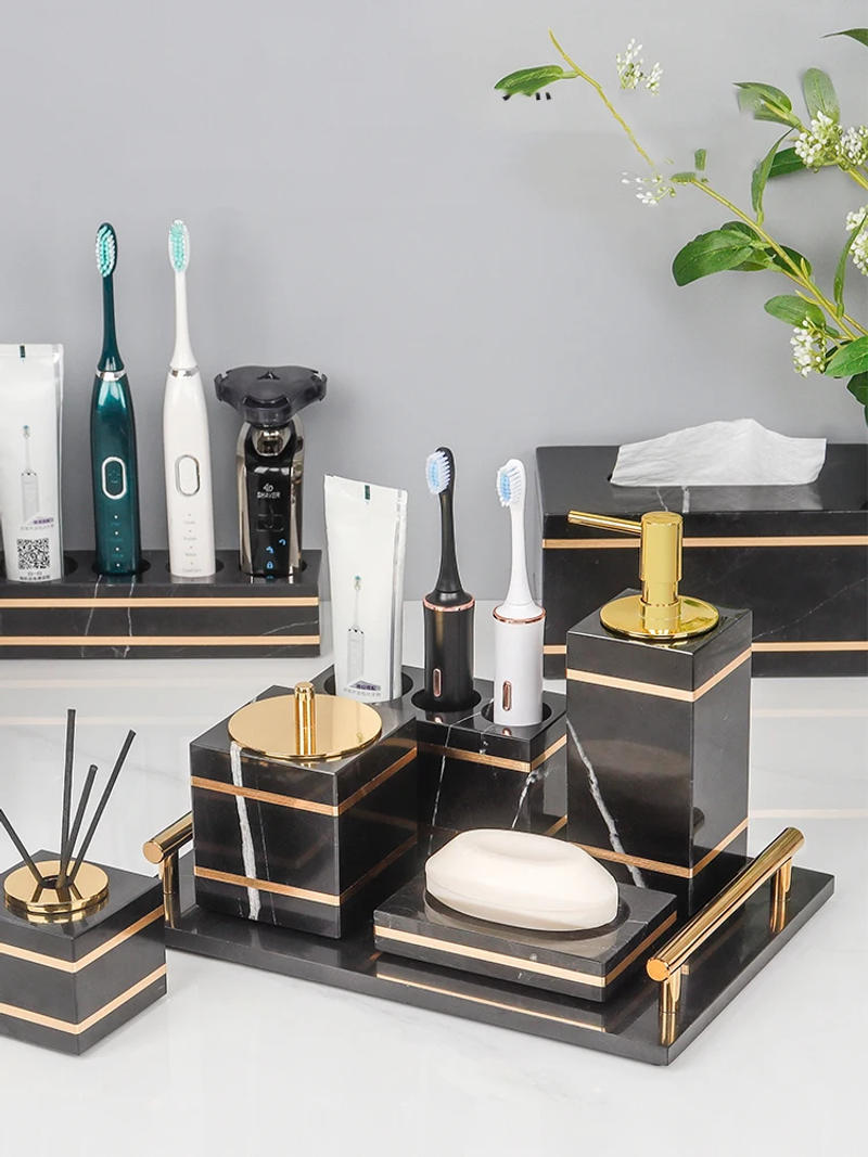 Description Picture 2 of itemBlack Nero Marquin Natural Marble Bathroom Accessories Luxury Gold Soap Dish Soap Dispenser Toothbrush Holder Tray Bathroom Set