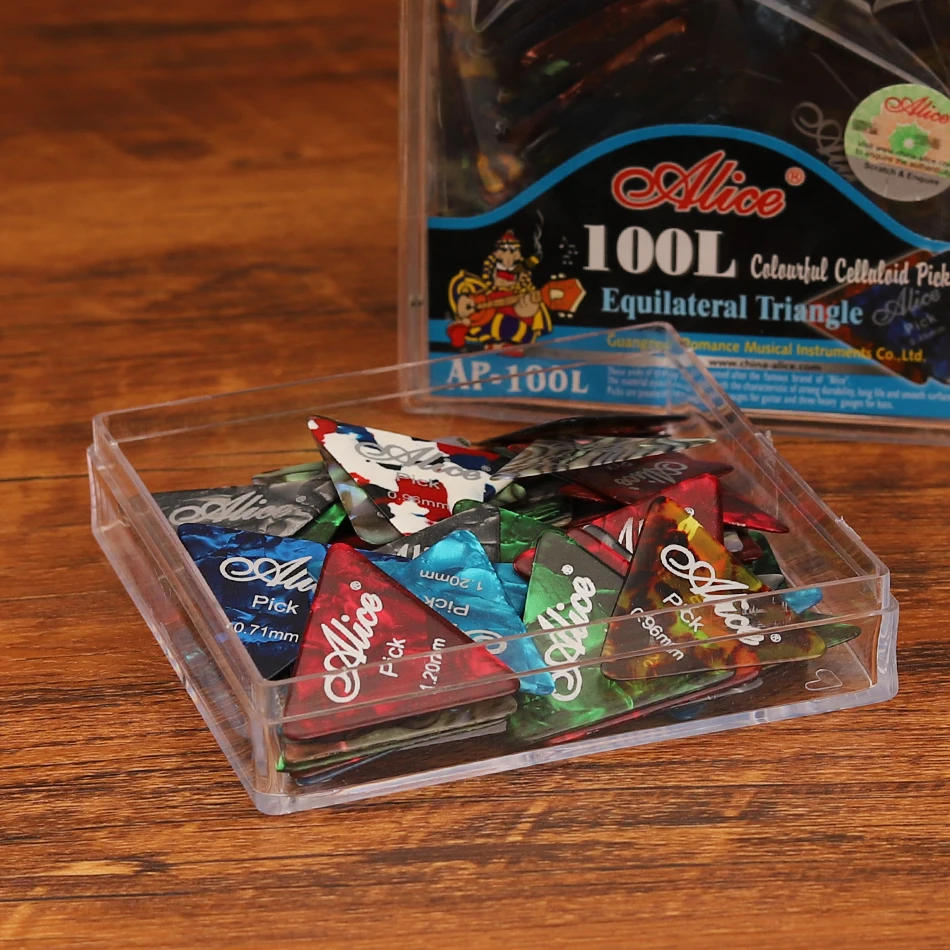 Description Picture 5 of itemAlice AP-L 30/40/50Pcs Triangle Shape Celluloid Guitar Picks Acoustic Electric Guitar Plectrums 6 Thickness Mixed