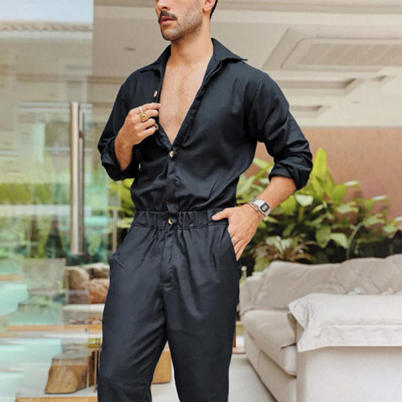Description Picture 6 of itemSummer Thin Men's Cargo Jumpsuit Pants Overalls Fashion Long Sleeve Lapel Button-Down Rompers Solid Color Workwear Pants