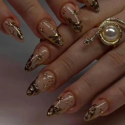 Stiletto Fake Nails for Women Girls Gold Color Irregular Designs Press on Nails Wearable Full Cover False Nails for Party