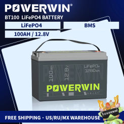 POWERWIN BT100 LiFePO4 12.8V 100Ah 1280Wh Built-in BMS Fish Radar Detector Solar Power 4000+Deep Cycle Off-grid System