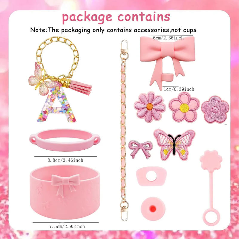 Description Picture 3 of item13PCS Pink Cup Accessories Set for Tumbler Cup 30oz 40oz Tumbler with Handle,Includes Strap,Straw Bow Decorate,Straw Cover
