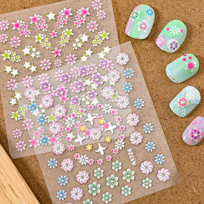Description Picture 5 of item24 Pcs Colorful Flower Nail Stickers Set Small Sakura Daisy Cute Flowers Decals 3D Self Adhesive Sliders Manicure Decoration