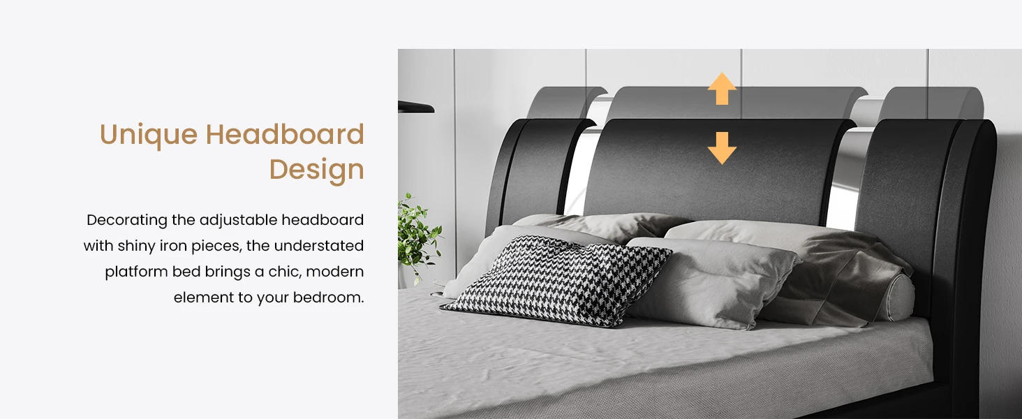 Description Picture 3 of itemKing Size Bed Frame with Iron Pieces Decor and Adjustable Headboard/Deluxe Upholstered Modern Platform Bed with Solid Wooden