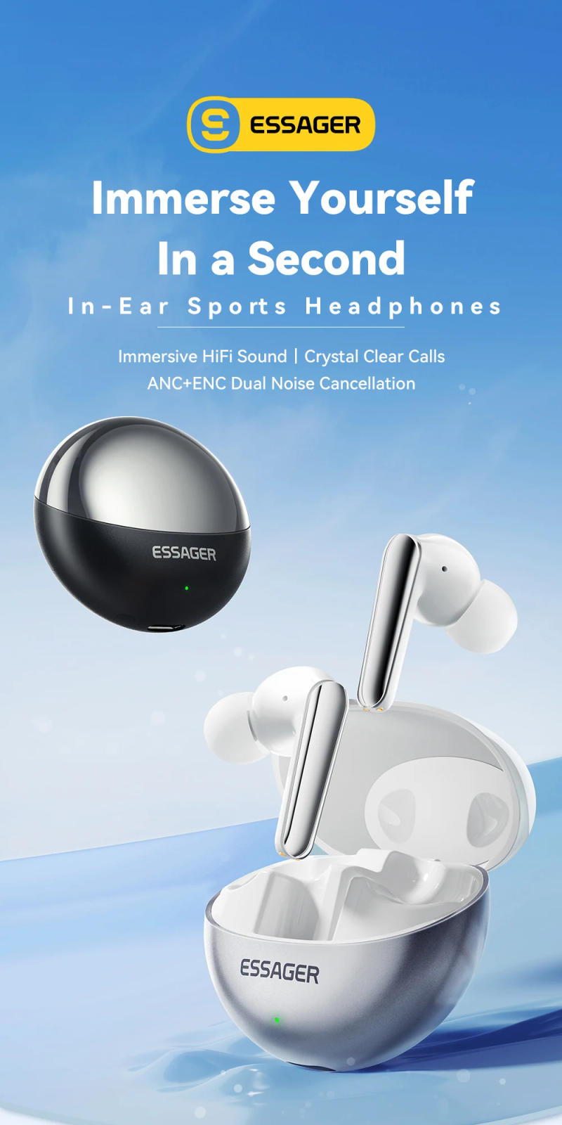 Description Picture 2 of itemEssager Wireless Bluetooth5.3 Headset Dual Noise Cancellation Touch Control Earbuds With Microphone HiFI Stereo Sound Headphones