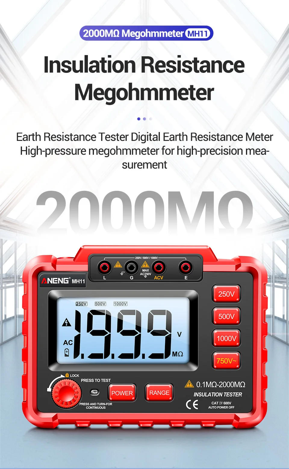 Description Picture 3 of itemANENG MH11 Digital Megohmmeter Meter 250/500/1000V Insulation Earth Resistance Meters Tester cable Voltmeter Megger Meter
