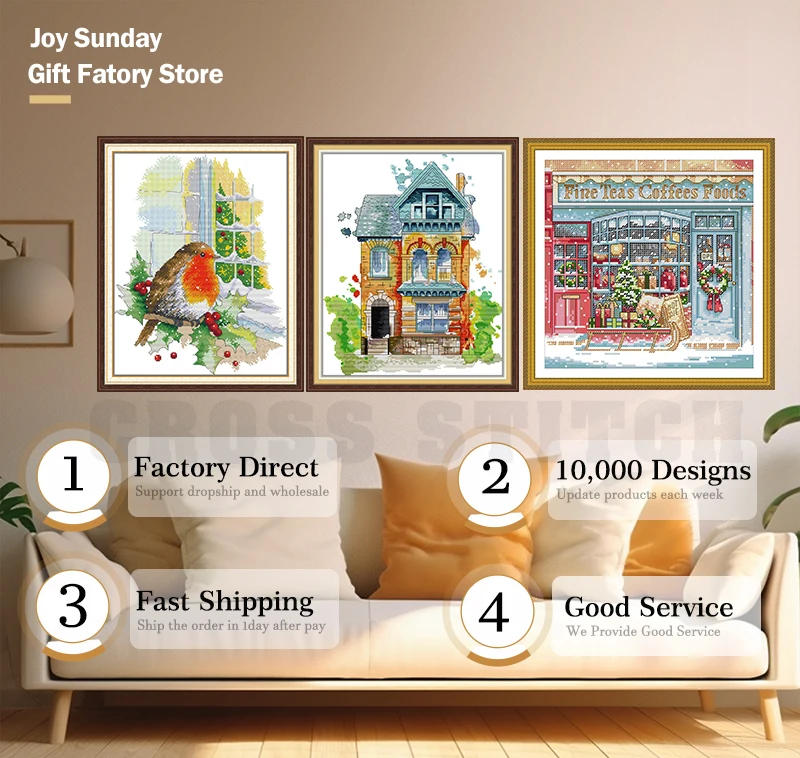 Description Picture 2 of itemJoy Sunday Cross Stitch Kit River Lanscape HD Patterns Printed Counted Fabric Aida 16CT 14CT 11CT DIY Embroidery Sets Home Decor